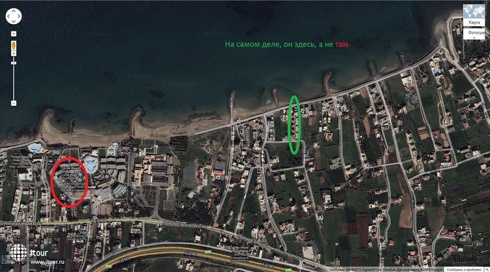 Правильное расположение на карте апартаментов Coralli Beach