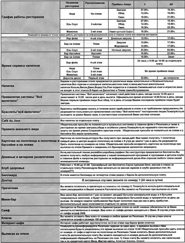 Памятка отдыхающего в отеле